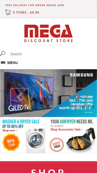 Screenshot of the Website of Mega Discount Store on a Mobile Device